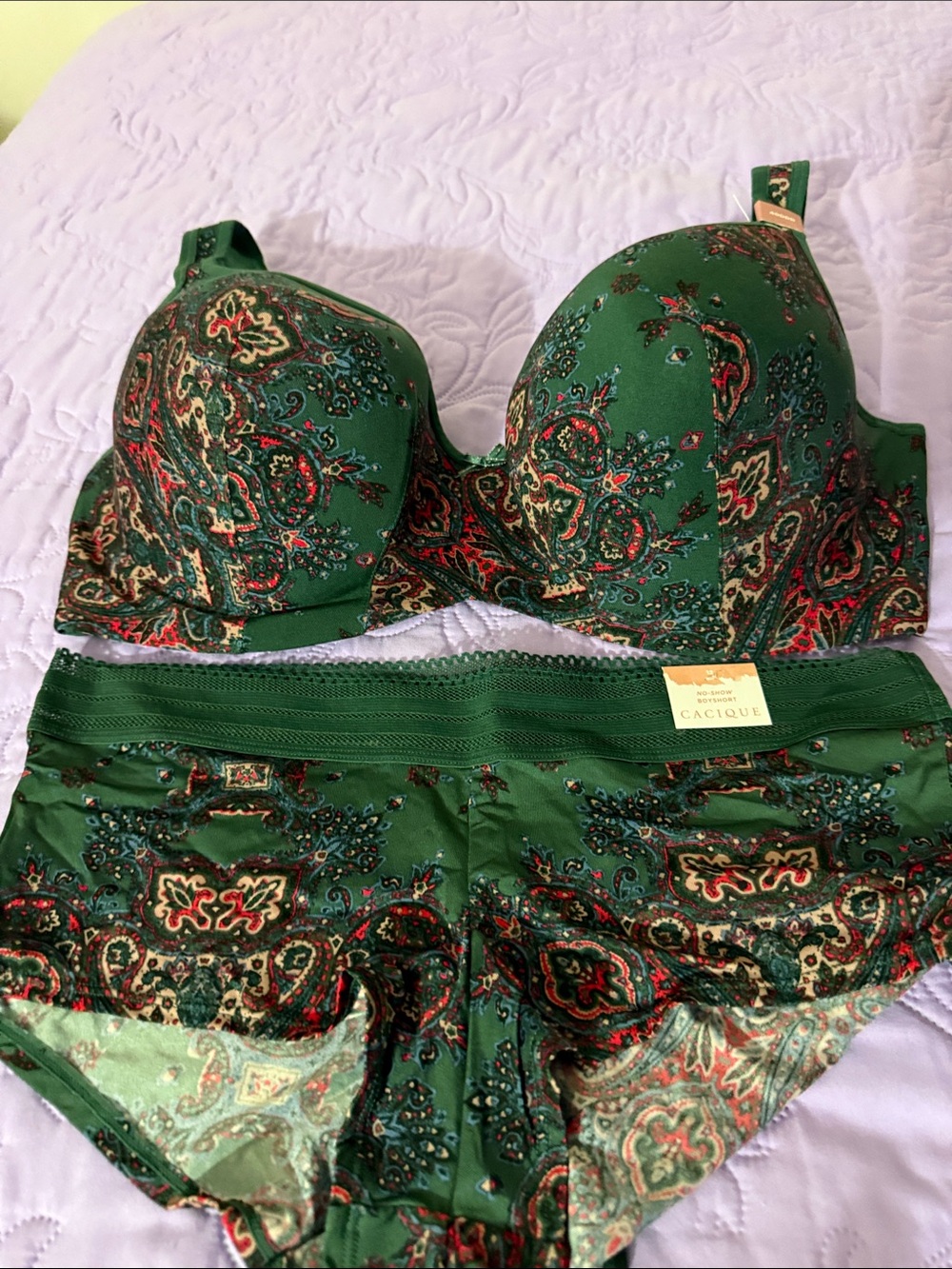 Cacique Green Paisley Sculpted Bra & Boy Short Set
